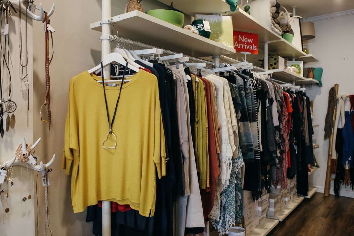 Clothing racks inside a factory outlet store in Bandung